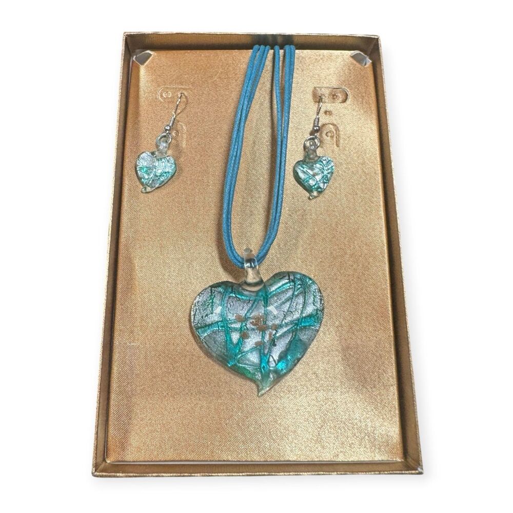 Aqua Blue Glass Heart Shaped Pendant Necklace w/ Matching Heart Shaped Earrings